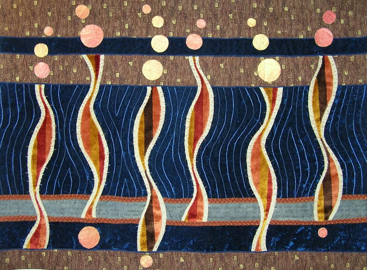 Abstract textile art features wavy vertical stripes in blue, red, and yellow, with pink and yellow circles above. The background is textured brown.