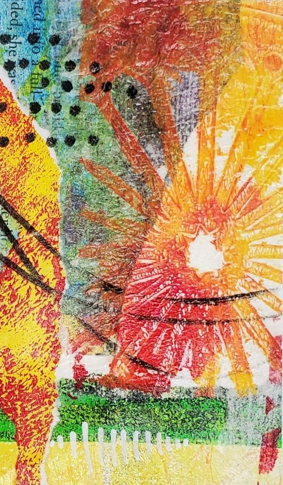 Vibrant abstract art with bold colors and textures. Features a prominent sunburst in orange, red, and yellow, dotted with black spots, conveying energy.