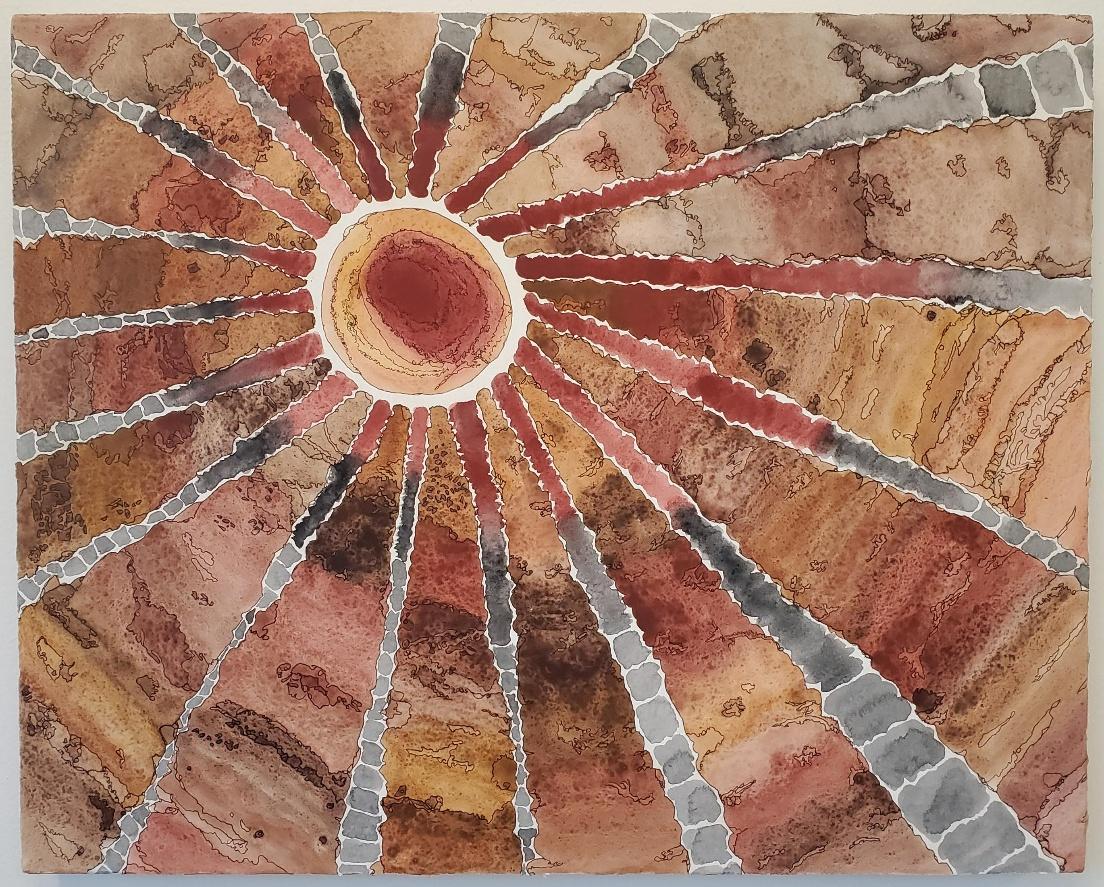 Abstract watercolor painting with a central red circular shape radiating jagged beams in earthy tones of brown, orange, and gray, creating a dynamic sunburst effect.